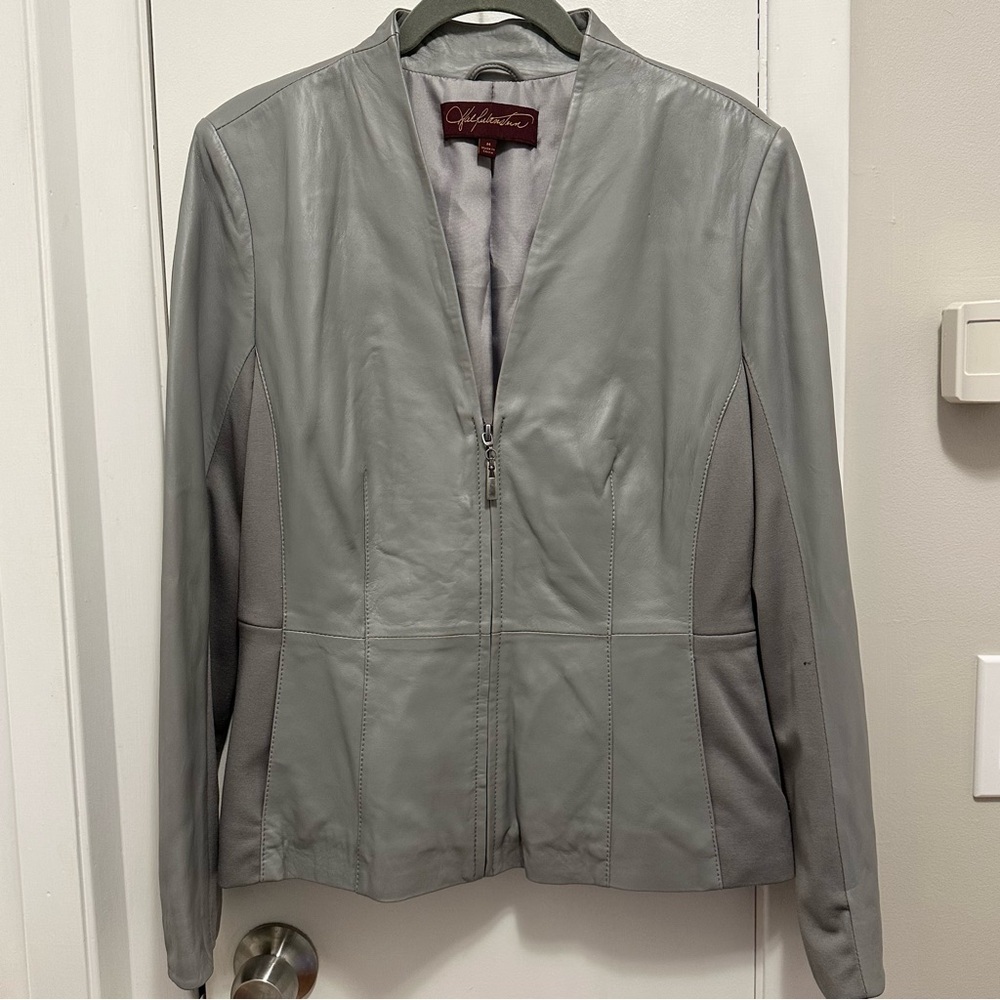 Hal Rubenstein 100% Genuine Soft Lamb Leather Gray V-Neck front zip jacket M